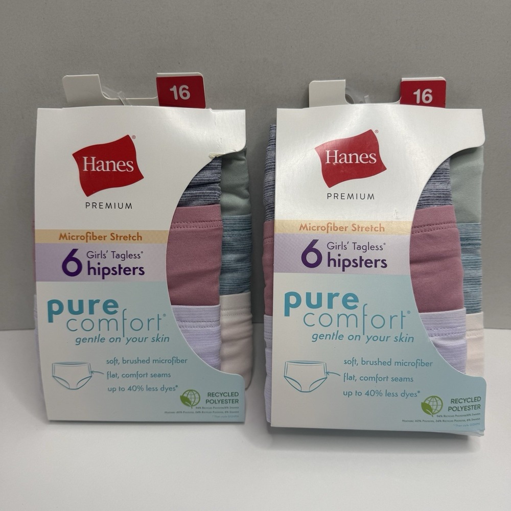 Hanes Premium Pure Comfort Girls Hipster Underwear Size 16 6 Pair Lot of 2 NWT